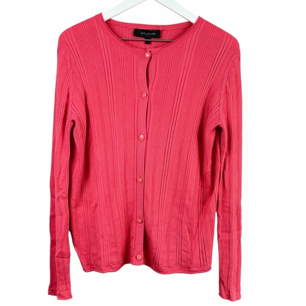 St. John Bright Coral Ribbed Wool & Silk Blend Knit Cardigan - Size L